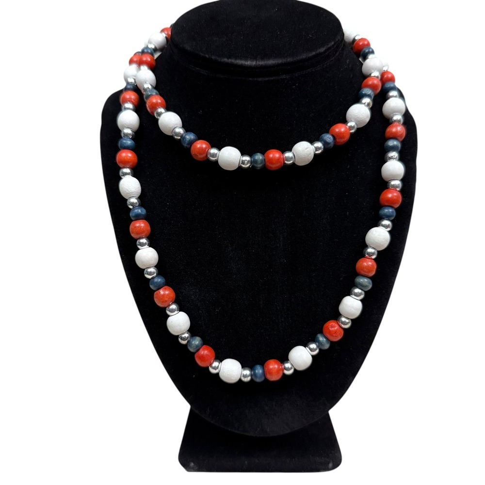 Multi Color Plastic Beaded Necklace Elastic Orange White Blue Silver 17 in L